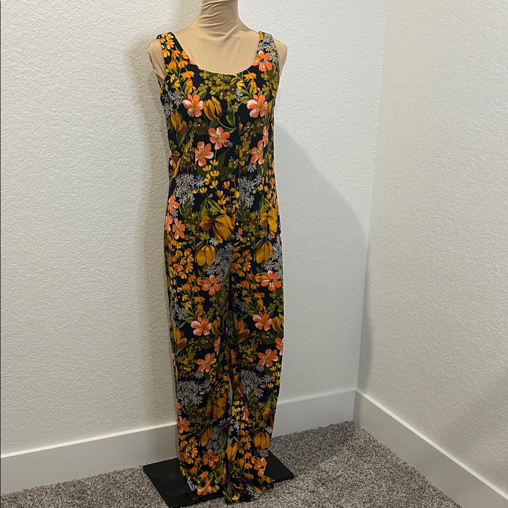 Handmade Black Floral Jumpsuit Size 2 Vintage Inspired Wide Leg Sleeveless Rom